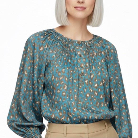 Tyler Boe Tops - Tyler Boe Teal Leopard Print Smocked Peasant Top Brown Flower Buttons Sz M